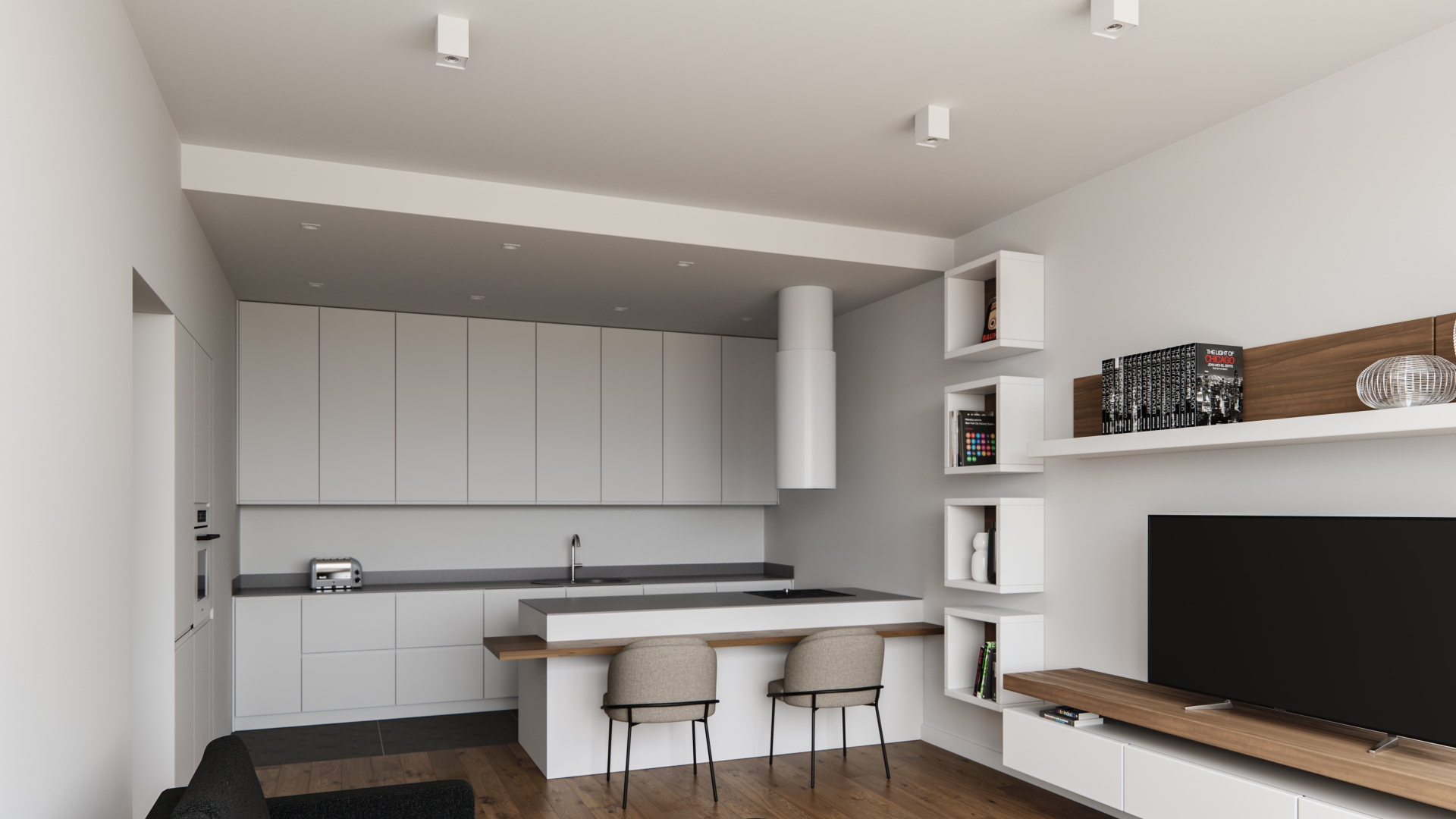 Lighting of the living room with kitchenette